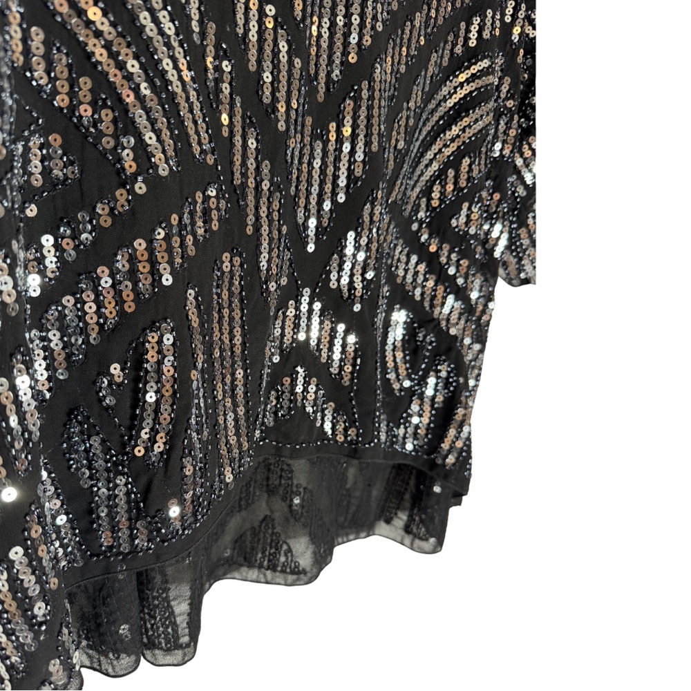 En Crème Black Sequin Top M | Sheer Chevron New Year’s Eve + Party Blouse - Picture 4 of 5
